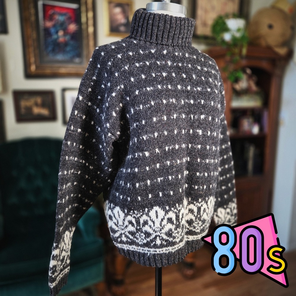 Alps Sweater Womens Vintage 80s Large Gray Wool Mohair Fair Isle Mock Neck USA